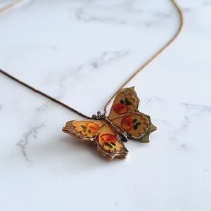 Vintage 70s Hand Painted Enamel on Copper Butterfly Necklace